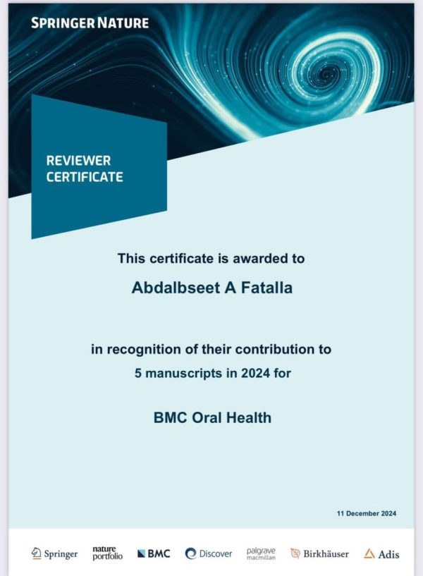 أختيار تدريسي في كلية طب الاسنان مقوماً علمياً في مجلات BMC Oral health و Scientific Reports (2)